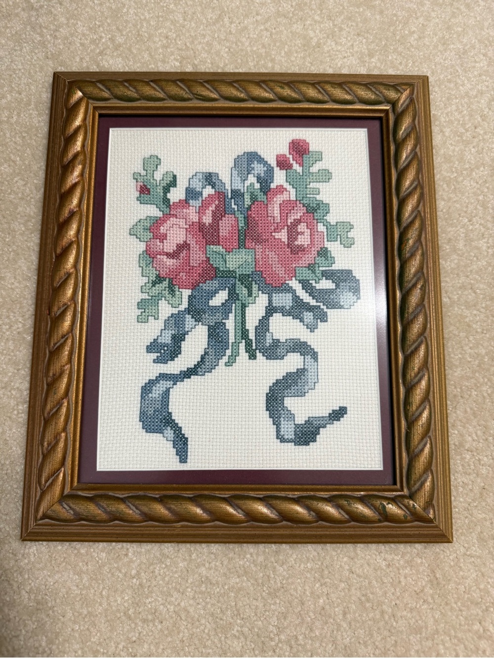 Gold Framed Cross Stitch Floral Bouquet with Blue Ribbon